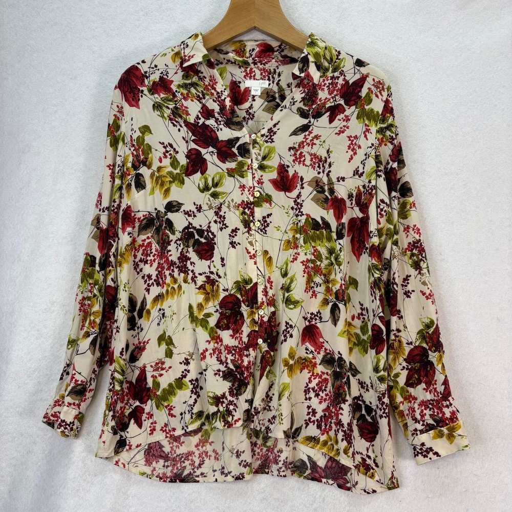 J. Jill Women's L Cream W/Red Floral Button Front Long Sleeve‎ Shirt Top Casual
